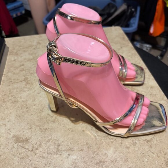 Women's Gold Heeled Sandals Dressy Square Open Toe Strappy High Heels SZ 7.5 - Picture 3 of 12